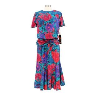NWT Vintage 80s Act I Green Red Novelty Print Satin Peplum Midi Dress Size S